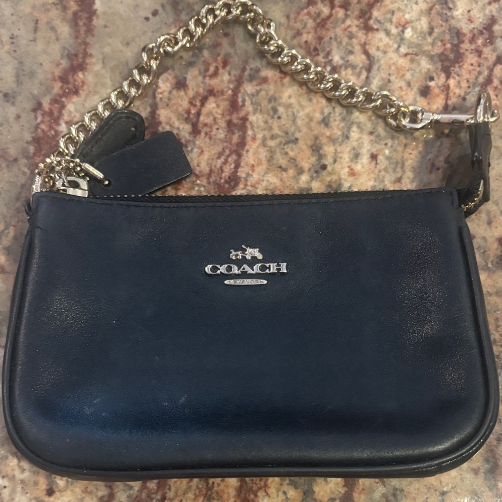 Coach Black Leather Wristlet with Gold Chain